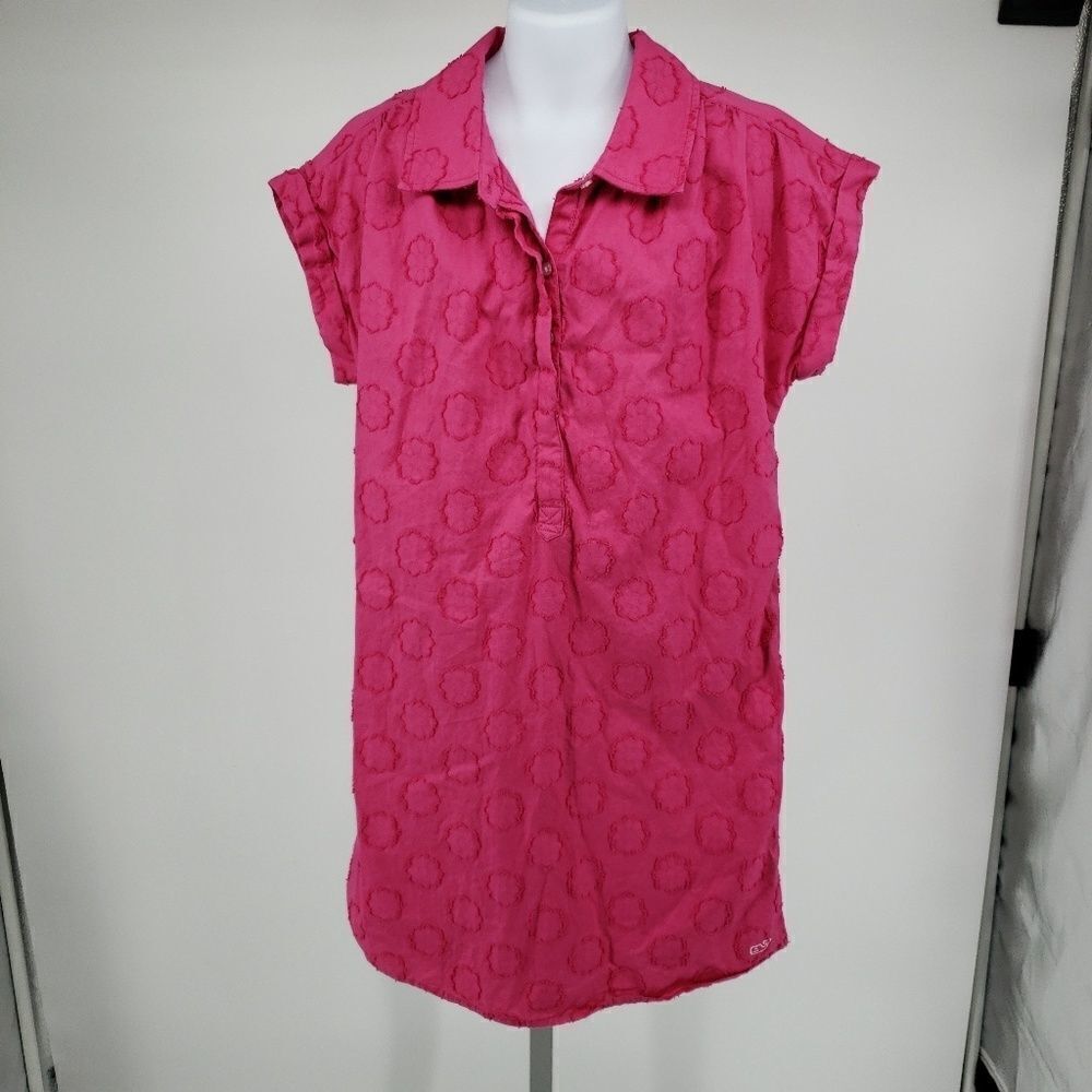 Vineyard Vines Hot Pink Dress Floral Shirtdress Whale Short Sleeve Barbiecore